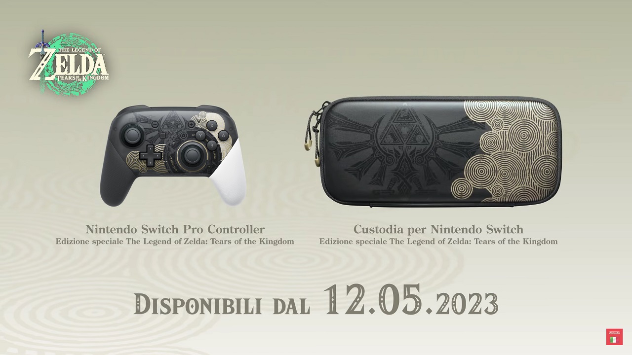 Il Pro Controller e la custodia Nintendo Switch di The Legend of Zelda: Tears of the Kingdom. Fonte: screen YouTube Nintendo Italia