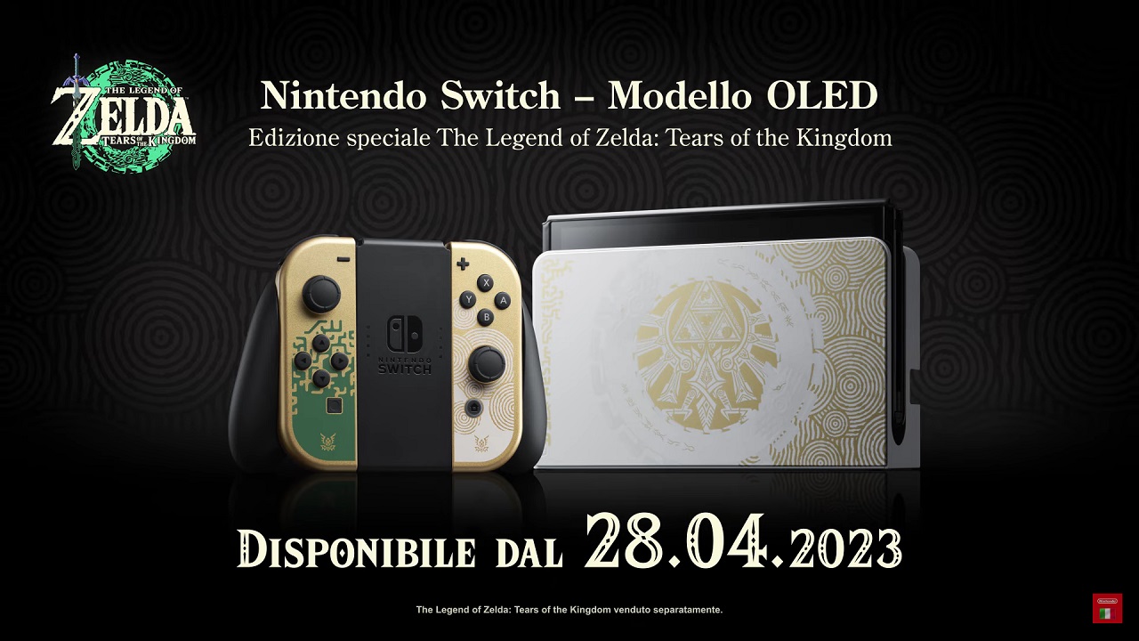La Nintendo Switch OLED di The Legend of Zelda: Tears of the Kingdom. Fonte: screen YouTube Nintendo Italia